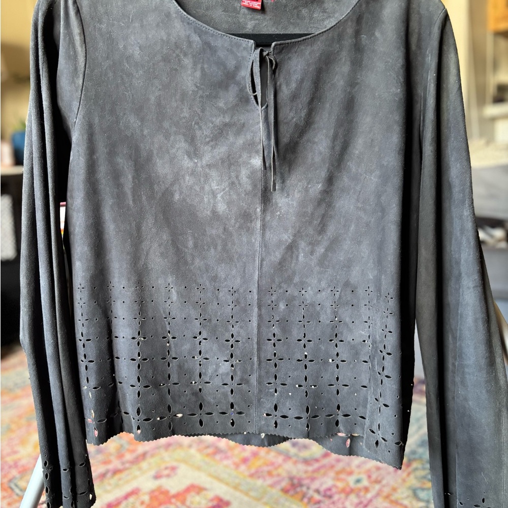 Sundance genuine leather black Long Sleeve top with Cutout Details. Size 14